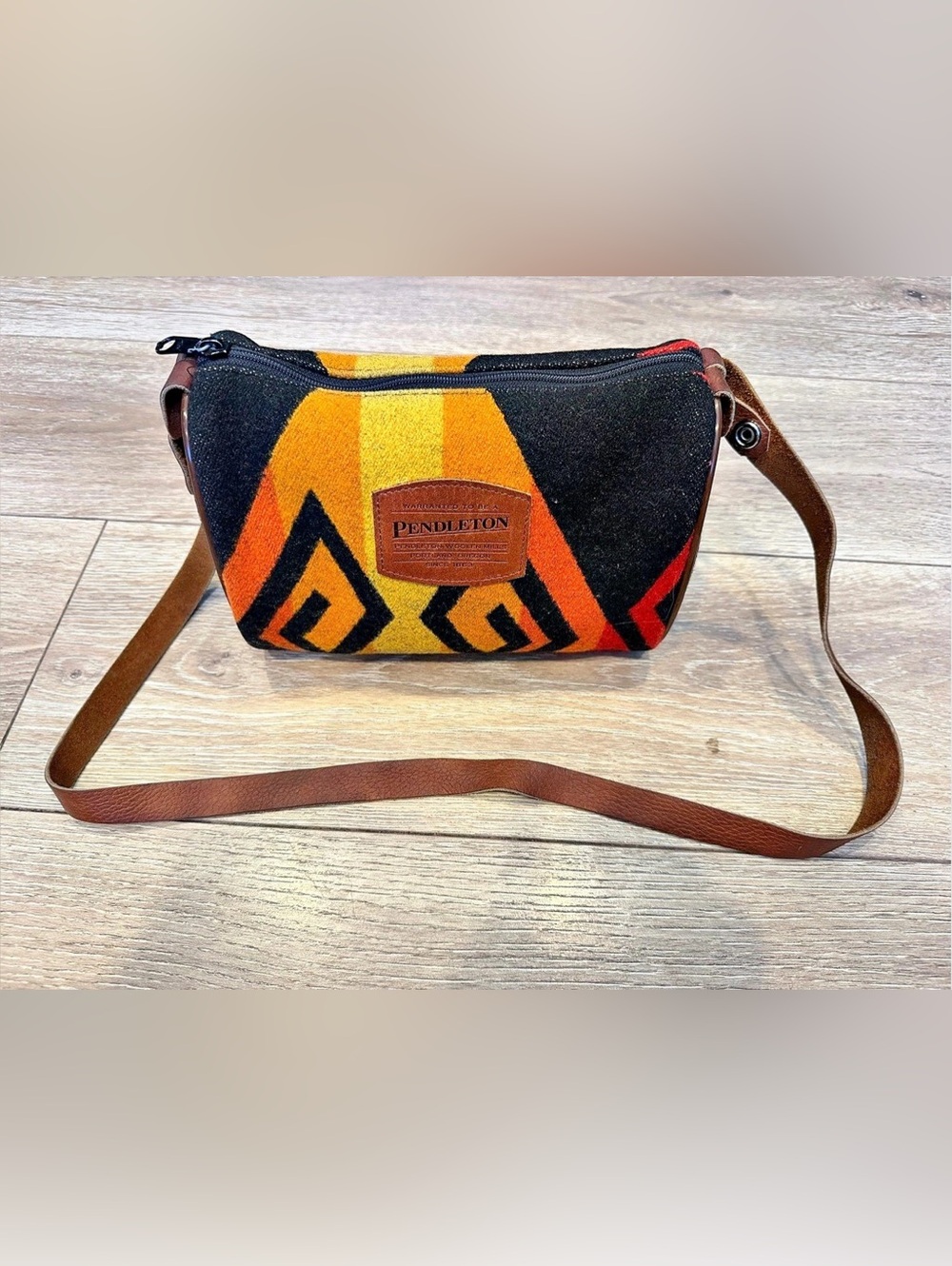 Pendleton Wool Geometric Crossbody Bag in Black & Orange leather strap